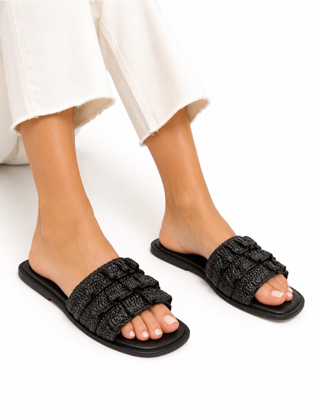 Farm Rio Black Crochet Ruffle Slide Sandals Cushioned Footbed Size 8 NWOB